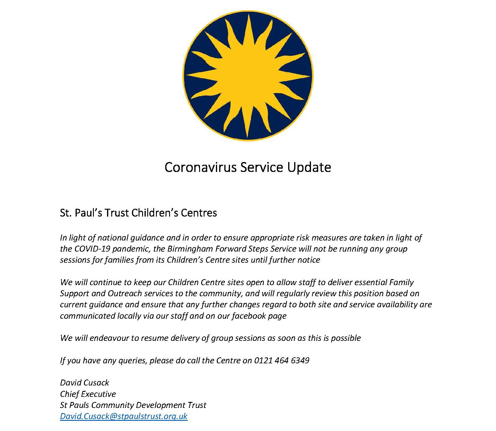 Covid-19 Children's Centre Update - Open until further notice, no services running - open for essential Family Support and Outreach.
